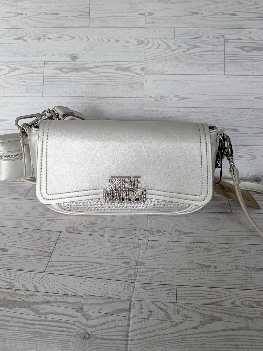 NWT Steve Madden Bkloe Silver Rhinestone Crossbody Convertible Bag With Pouch